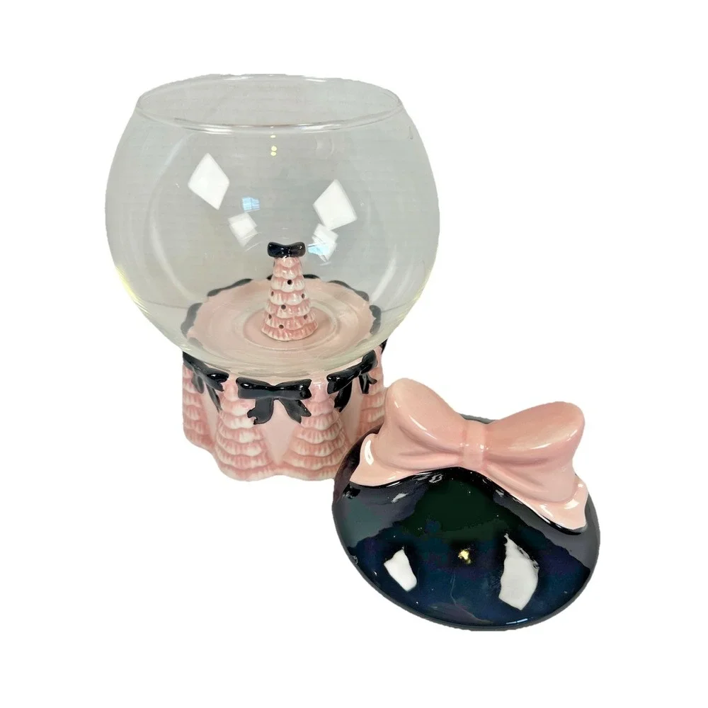 Peppermint & Pine Light Up Glass Candy Jar Pink Black Bow Christmas Decor